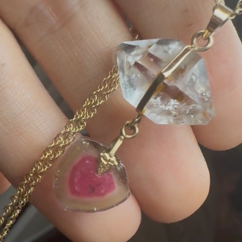 Rare solid 14k gold genuine watermelon tourmaline/herkimer diamond necklace$1890 - Picture 2 of 14